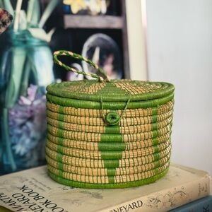 Handwoven African Basket in Green and Tan